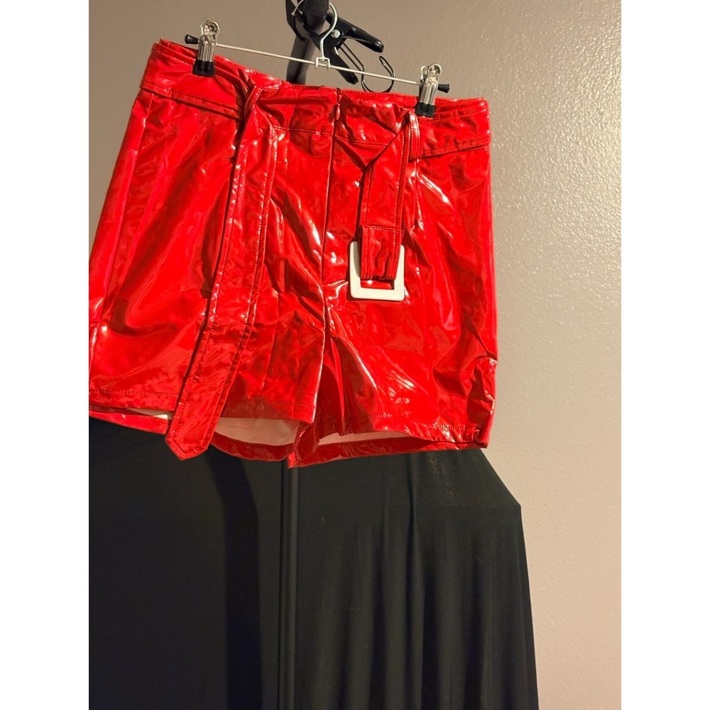 PrettyLittleThing NWT Red Vinyl Belted Waist Shorts US Size 6, UK Size 10